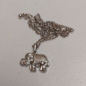 Rhinestone Embellished Dainty Elephant Pendant Silver Tone Necklace